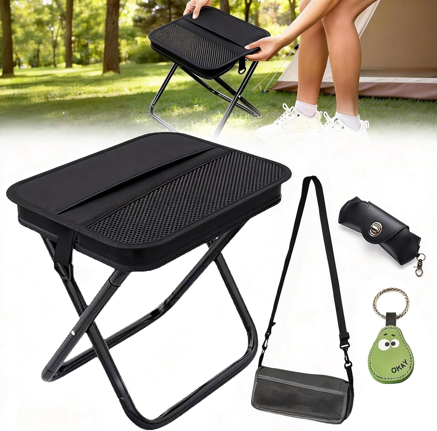 JELUTRIC Portable Ultralight Collapsible Camping Stool,Folding Lightweight Chair, Handy Fishing Stool 350 LB,Backpack Pocket Stool for Hiking Picnic Travel with Sunglass Bag and Magnetic Hat Clip