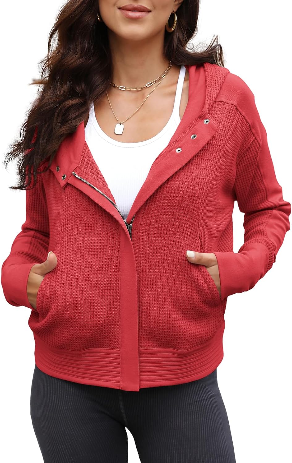 Yanekop Cropped Zip Up Hoodie Women Waffle Knit Fall Jackets Casual Corduroy Jacket 2025 Fall Outfits with Pockets