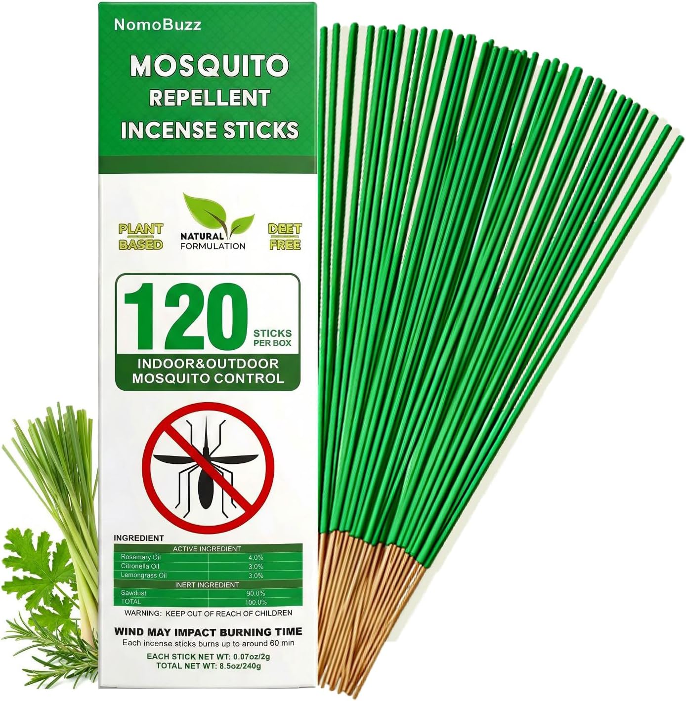 NomoBuzz Mosquito Repellent Incense Sticks - 240 Count, Plant-Based Bug Control with Citronella, Rosemary & Lemongrass, Ideal for Patio, Garden, Beach, Camping, Backyard