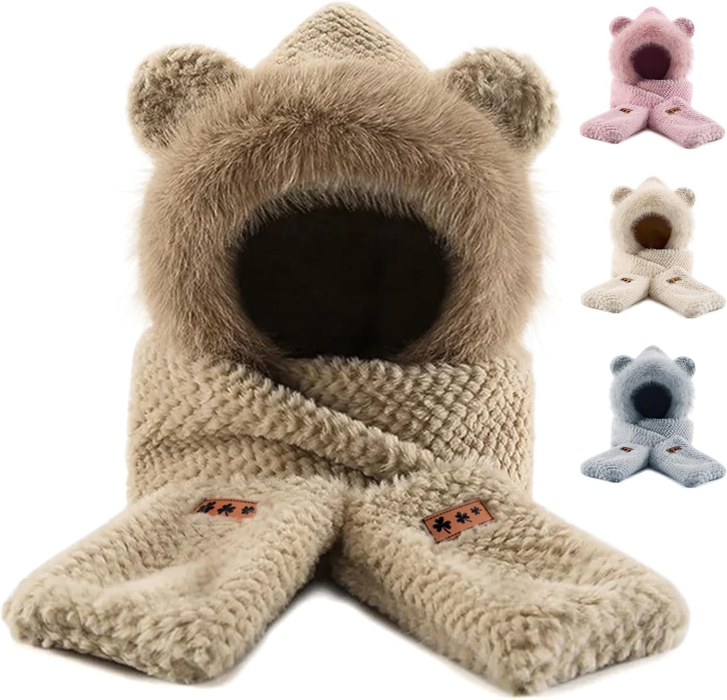 Hooded Scarf Hat Gloves for Women Winter, Bear Ears 3-in-1 Set - Plush Faux Fur, Soft and Warm, Cute Hat with Mittens