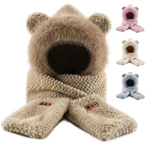 ββHooded Scarf Hat Gloves for Women Winter, Bear Ears 3-in-1 Set - Plush Faux Fur, Soft and Warm, Cute Hat with Mittensββ - Khaki