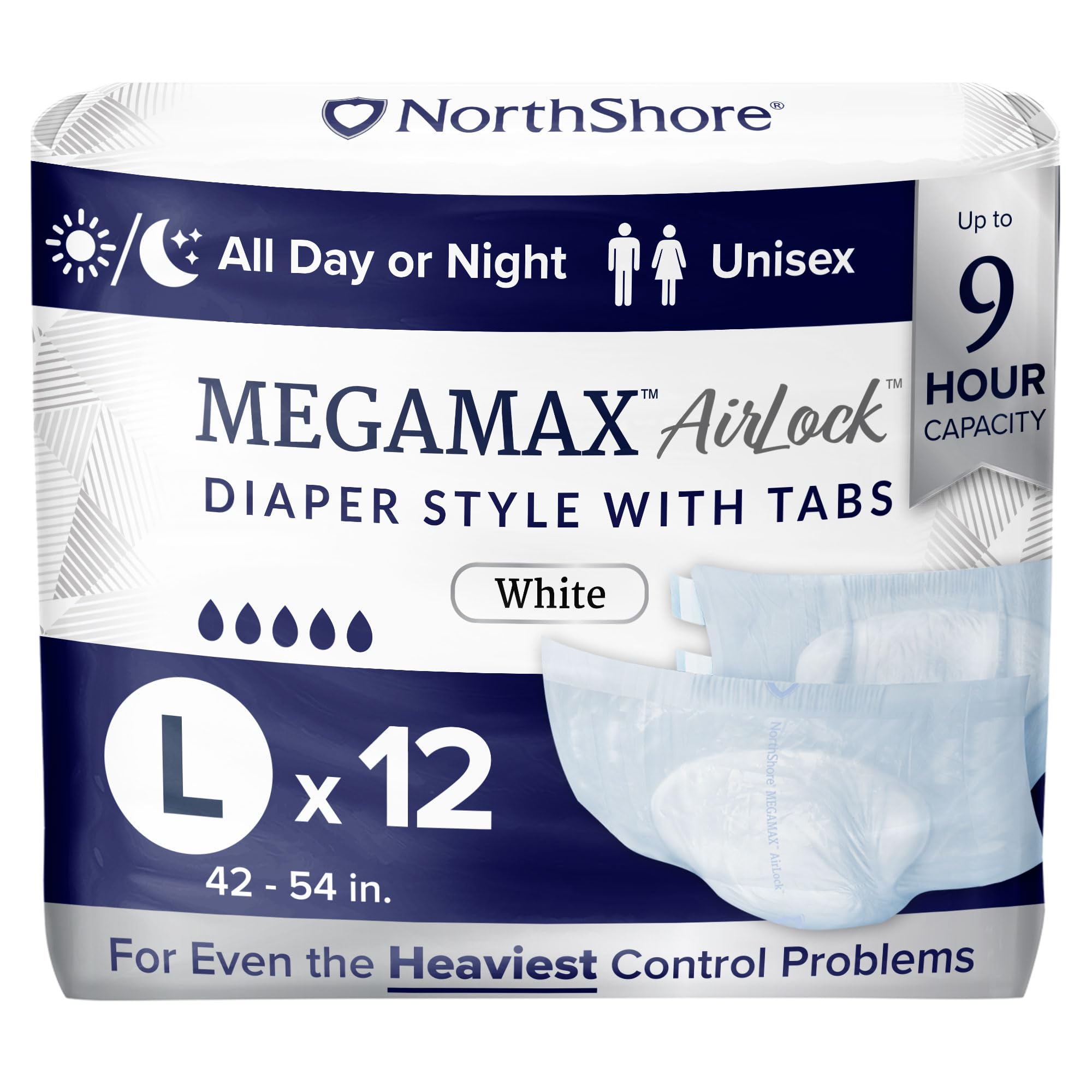 NorthShore MegaMax AirLock Breathable 9-Hour Heavy-Duty Tab-Style Adult Diapers, Large, 12 Count Bag, White, 42-54 inches, Unisex Incontinence Underwear