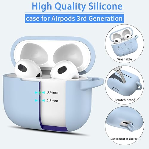 Miniatura 5 de MHYALUDO Funda para AirPods 3 funda protectora de silicona suave para Airpods de 3 generación 2021 con llavero LED frontal visible azul cielo