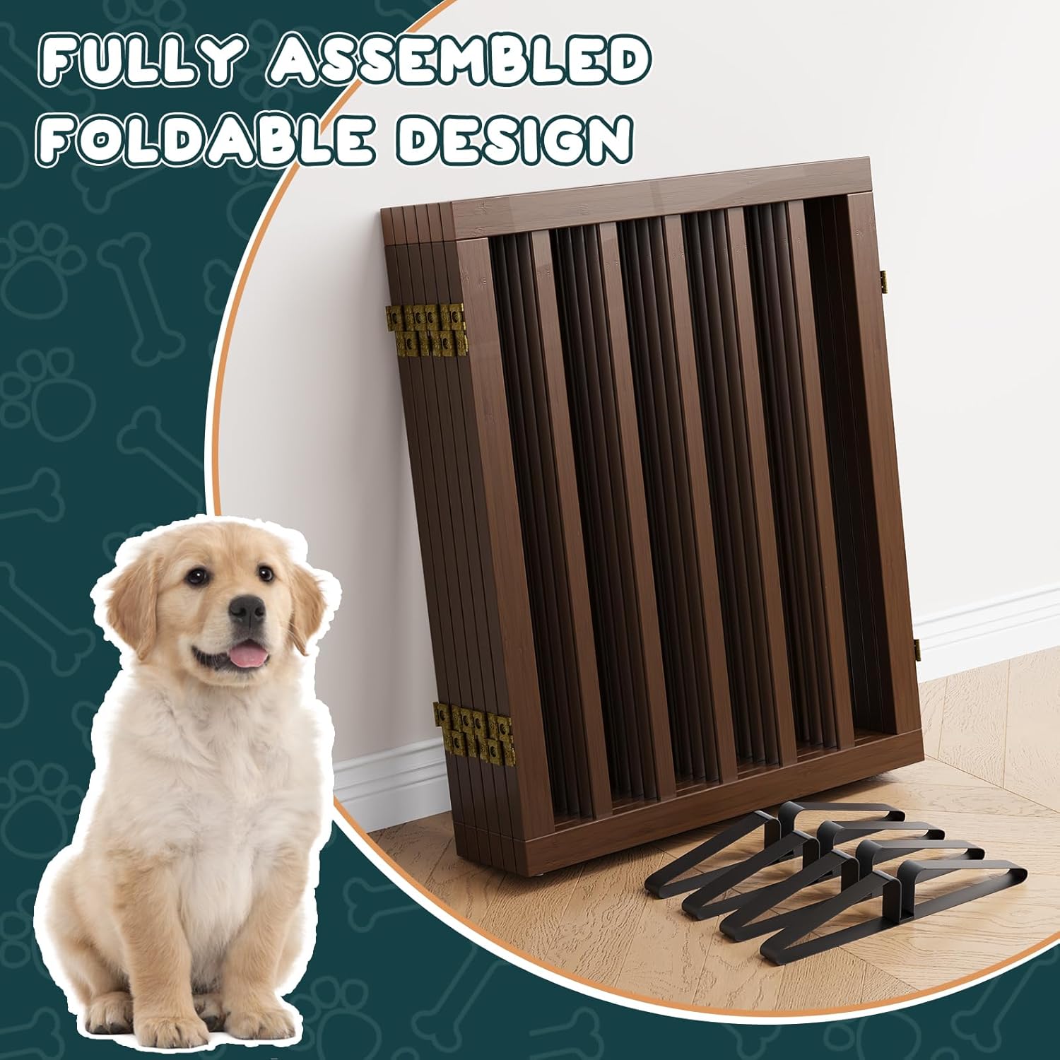 Semiocthome Bamboo Wood Dog Gate Indoor, 6-Panel Pet Gates with 4 Stands and 360° Hinge for Doorways and Stairs, Puppy Gate for The House, Fully Assembled Safety Fence 110" W x 24" H - Black Walnut