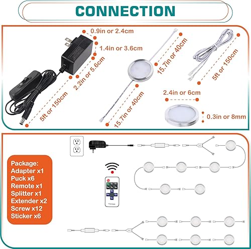Miniatura 9 de Luces para debajo de la encimera, iluminación LED de disco para gabinete Curio, 110 V enchufado en pared, control remoto inalámbrico RF regulable,