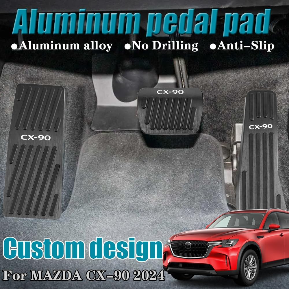 LEXLEY 3PCS Anti-Slip Aluminum Brake Gas Dead Pedal Pads,Auto No Drilling Accelerator Pedal Covers Only for Mazda 2024 2025 2026 CX-90-BLACK