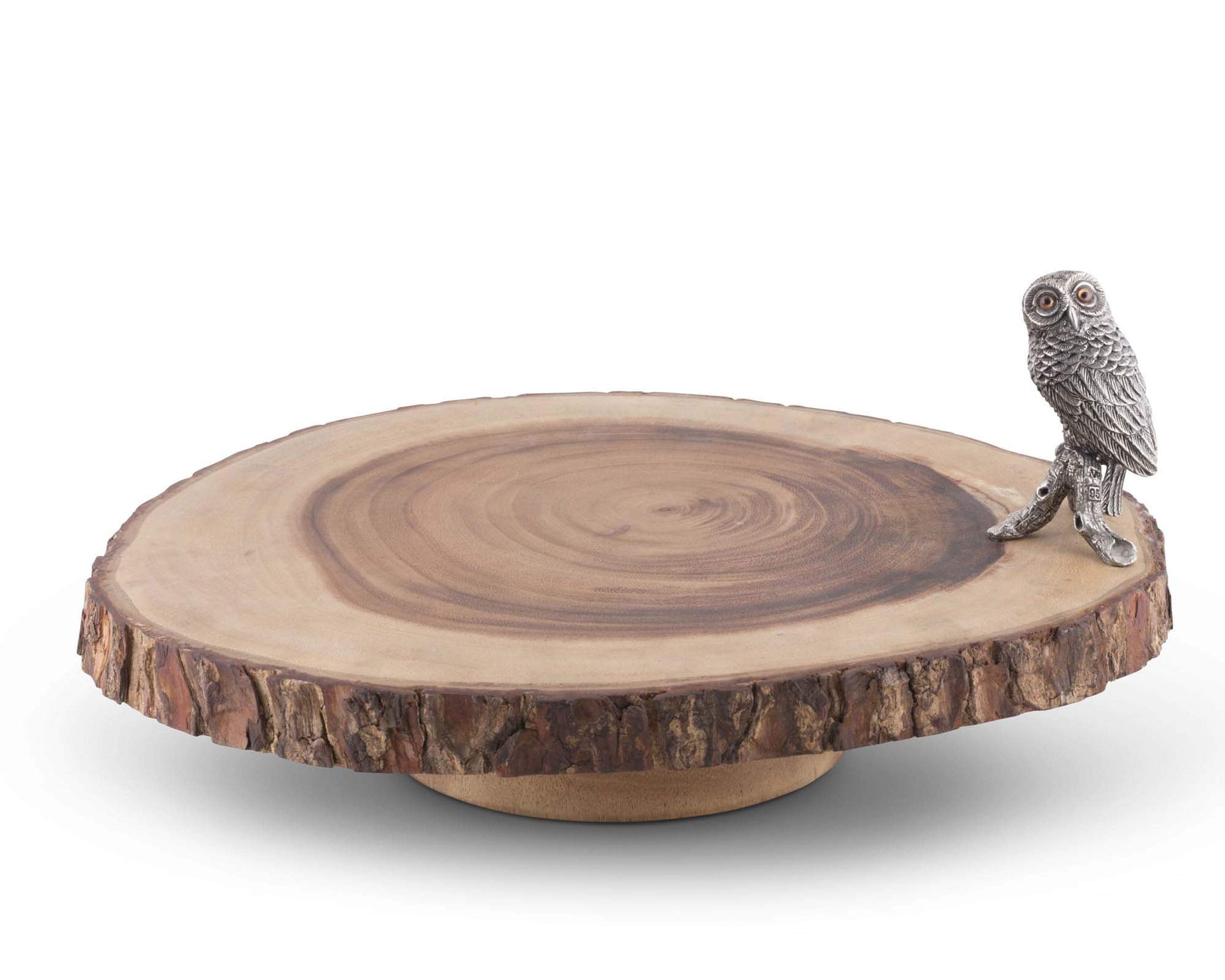 Vagabond House Owl Cheese Stand Charcuterie Platter & Serving Tray Rustic Wood Cake Stand for Wedding, Birthday Party, Dessert Cupcake Pedestal Display Plate and Farmhouse Décor 14 inch Dia, 3 inch