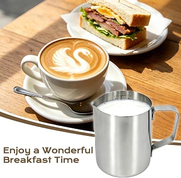 Milk Frothing Pitcher – Milk Jug for Coffee Machine with Clear Markings & Decorating Pen, Stainless Steel,Milk Frother Jug & Steamer Cup for Latte Art, Home or Café(350ml )