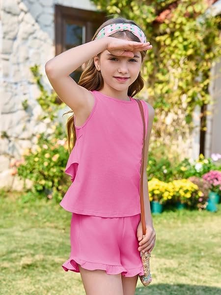 Haloumoning Niñas Conjuntos de ropa de verano con volantes, camisetas sin mangas con pantalones cortos, monocolor, ropa linda, conjuntos de ropa informal, de dos piezas - 5