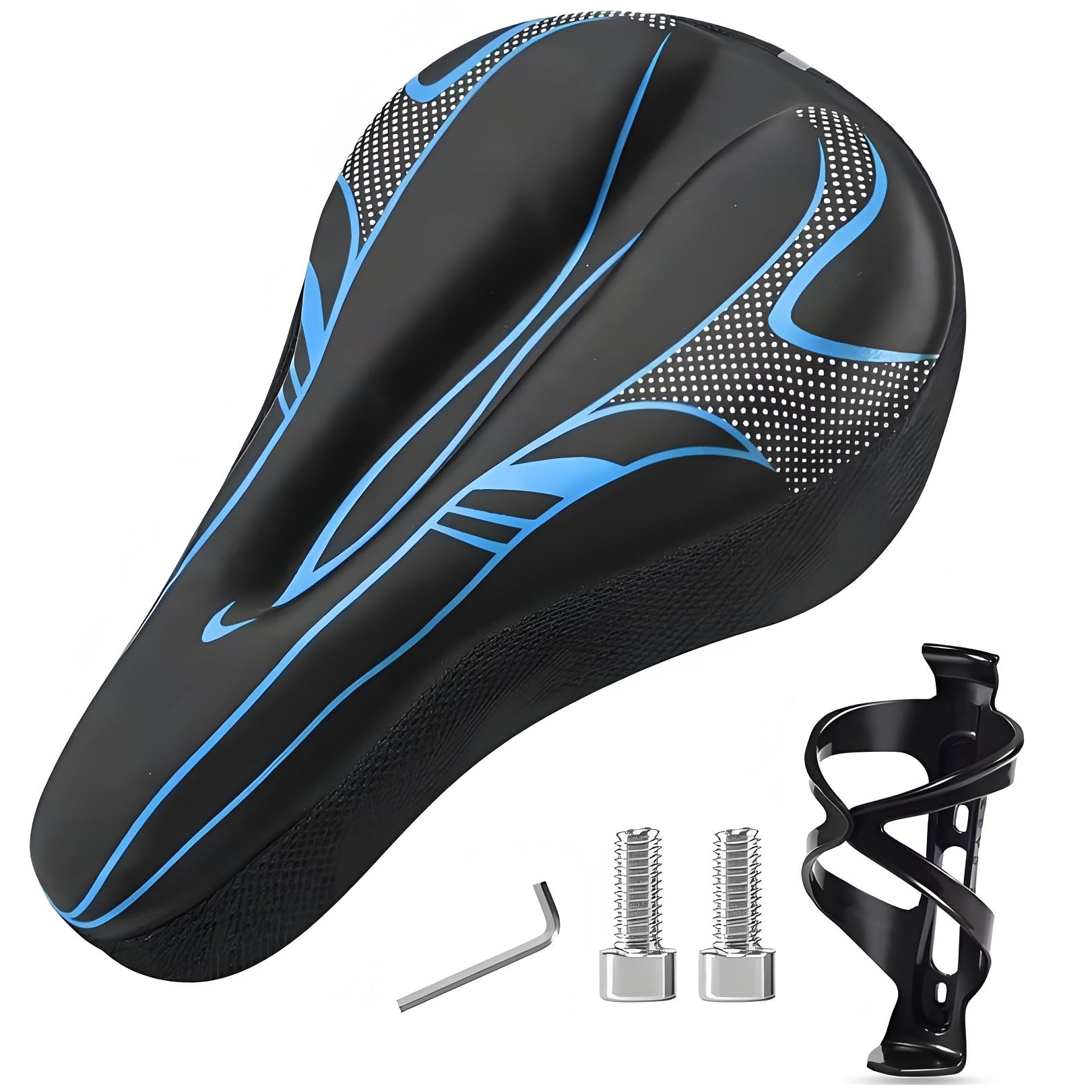 BAPPKON Gel Bike Seat Cover Waterproof Memory Foam Padded Bicycle Seat Cushion for Men Women, for Peloton Exercise Bike Road Mountain Bikes with Bottle Holder Universal (Blue)