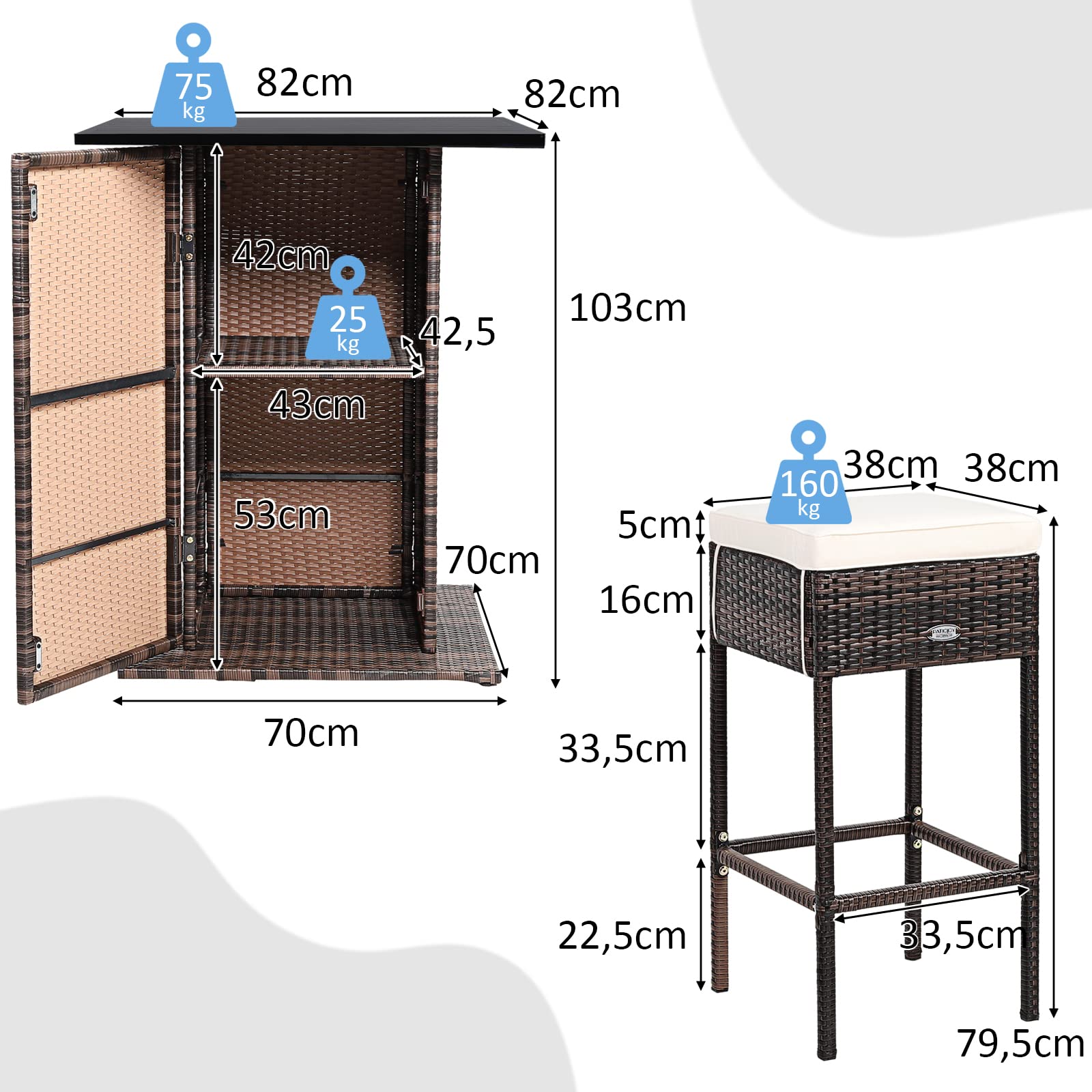 COSTWAY Set Mobili Bar da Giardino in Rattan 5 Pezzi, Tavolo con Spazio d Archiviazione Nascosto, 4 Sgabelli con Cuscini, Angolo Bar da Giardino Cortile ed Esterno