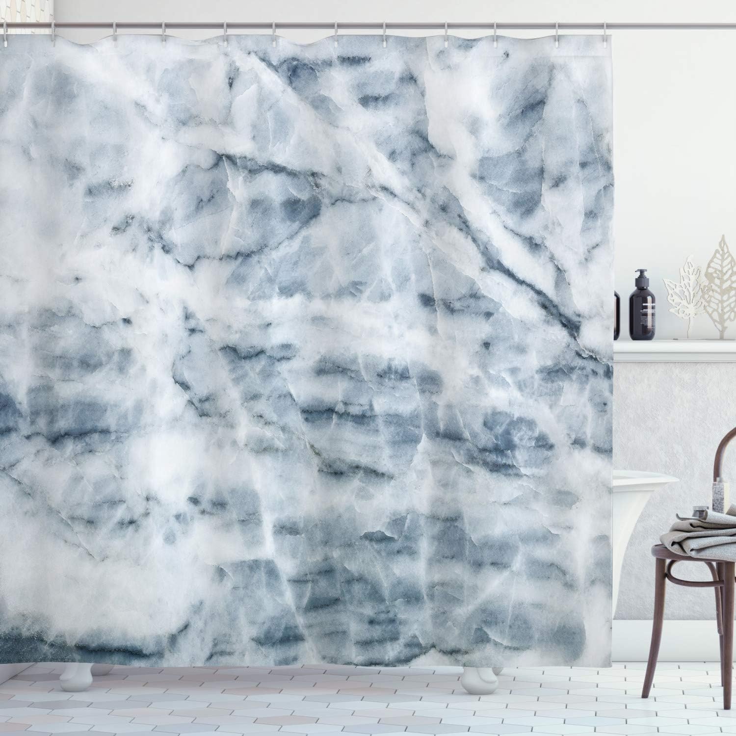 Ambesonne Marble Print Shower Curtain, Natural Marble Display Cloud-Like Design Scratches Antique Inspirations, Cloth Fabric Bathroom Decor Set with Hooks, 69" W x 70" L, Blue Grey