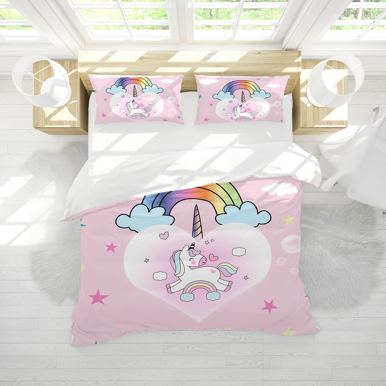Set biancheria da letto per bambini - Motivo unicorno rosa - Bellissimo arcobaleno - Nuvola bianca - 135 × 200 cm - Motivo unicorno - Set biancheria da letto con 2 federe (135 × 200 cm, rosa 2