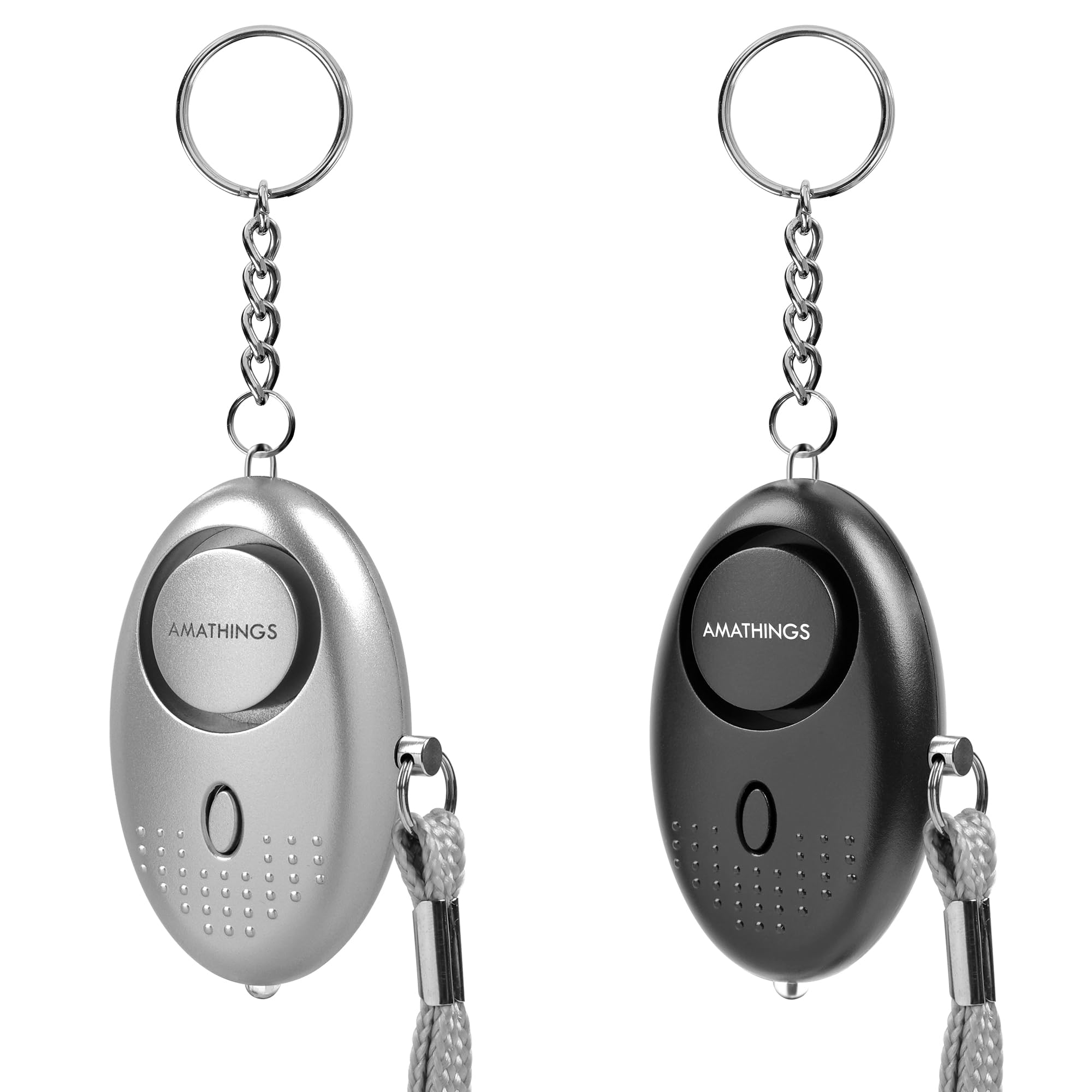 AMATHINGS Set di 2 allarmi tascabili [140dB deterrente] – Braccio panico mobile per portachiavi e borsa – aiuto immediato con luce LED – Protezione comprovata per donne, bambini e anziani – Nero