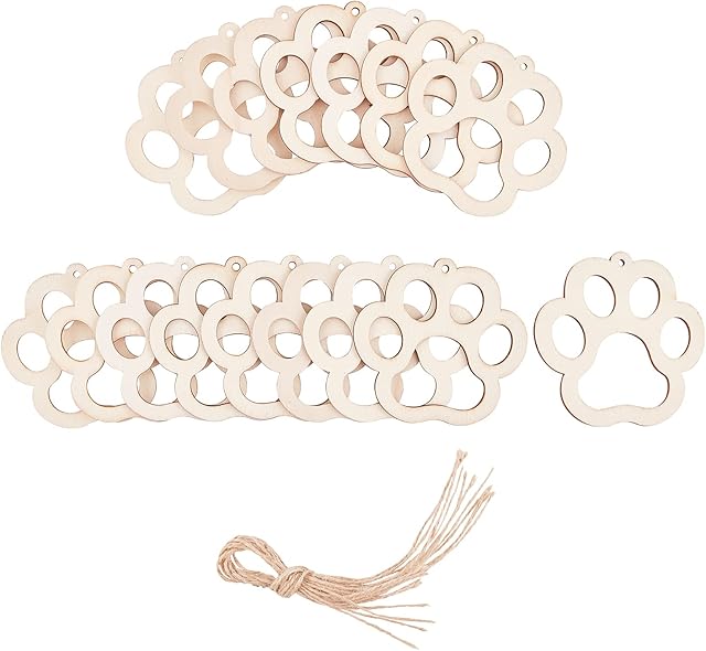 NBEADS 20 Pcs 8.5×8cm Paw Print Natural Wood Slices with Hemp Ropes, Unfinished Wooden Hanging Ornaments Cutouts Wood for DIY Projects, Gift Tags, Party Decoration, Painting and Crafting