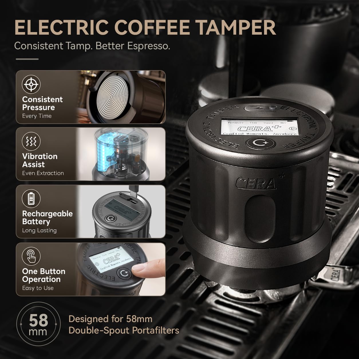 CERA+ ET58 Titan - Tamper eléctrico de café - Portafiltro profesional de 58 mm con presión y vibración ajustables - No apto para cafeteras portátiles