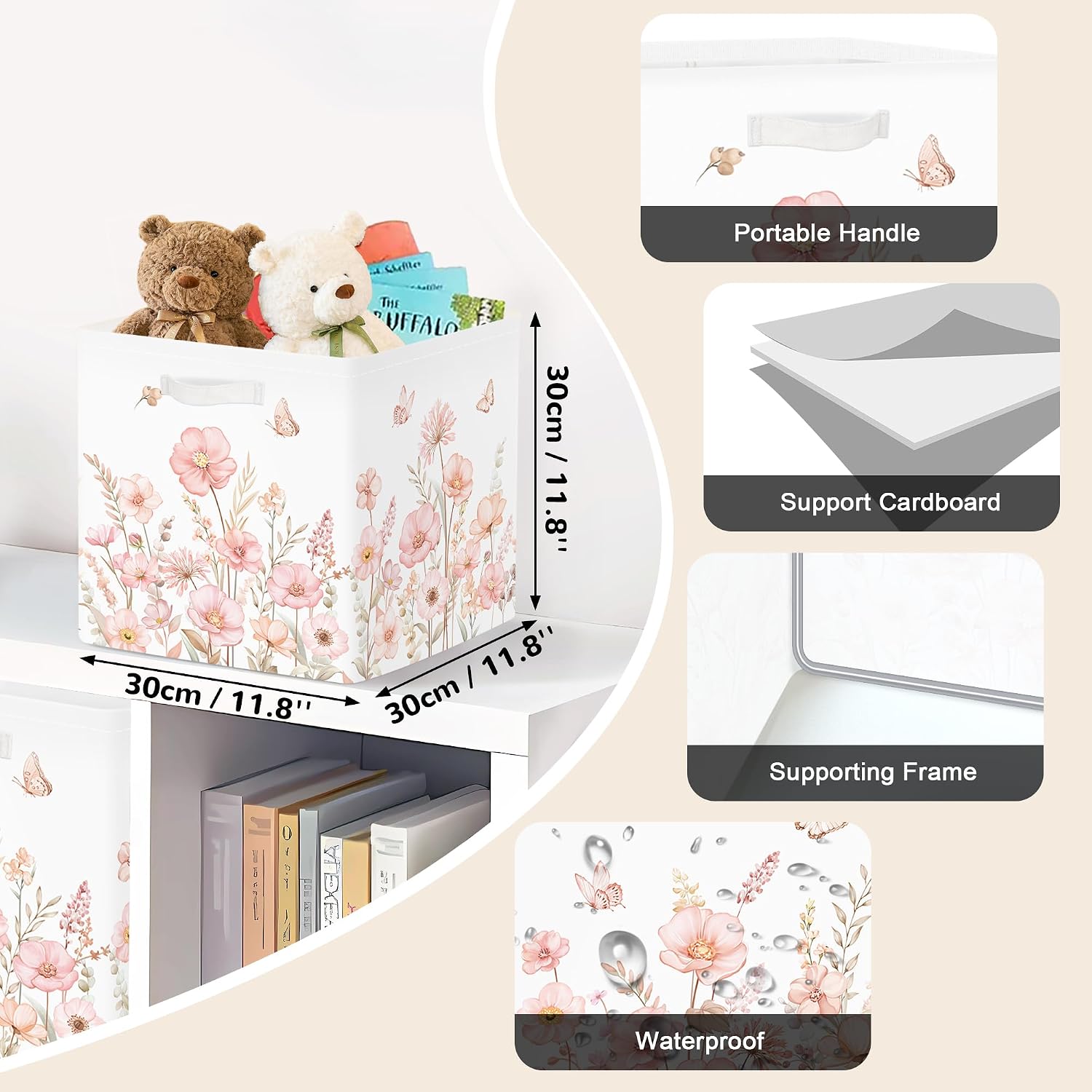 Clastyle 3 pcs 11.8'' Spring Summer Flower Storage Basket for Shelves with Metal Frame Large Butterfly Girl Clothes Toy Book Cube Bin for Bedroom Playroom,Pink