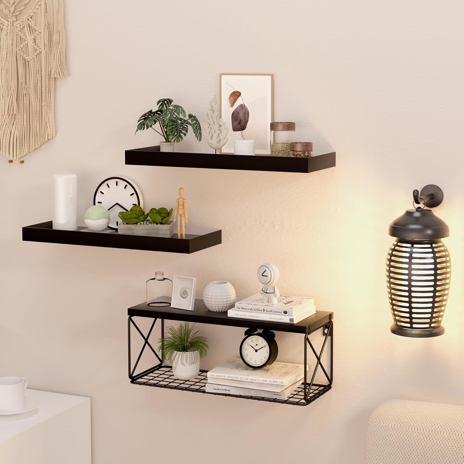 Floating Bathroom Shelves with Wire Storage Basket, Wall Mounted Shelf Over Toilet, 3+1 Tier Wall Decor Small 15.7 Inch Set of 3(Black)