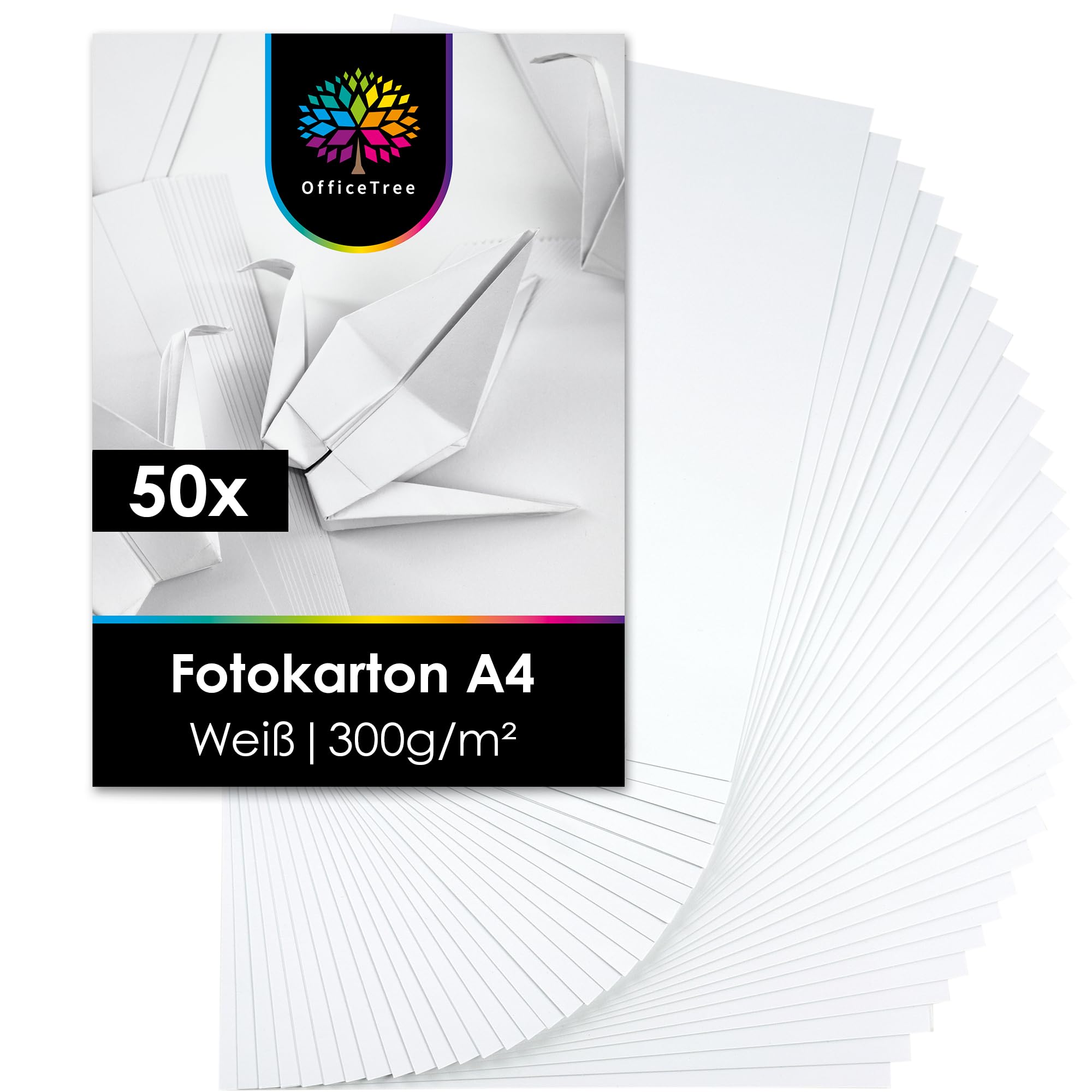 OfficeTree 50 Blatt Fotokarton A4 Weiß 300g - Fotokarton Weiß zum Basteln, Schneiden & Drucken - Lignin- & Säurefrei - dickes Papier A4 zum drucken - Bastelkarton Weiß - dickes Druckerpapier