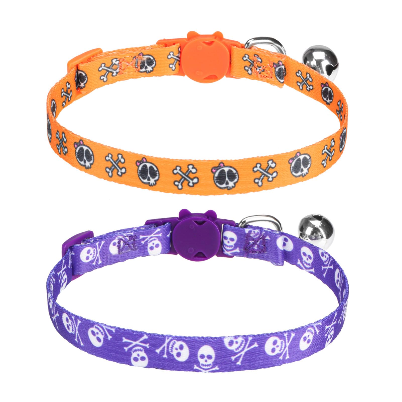 PUPTECK Breakaway Halloween Cat Collar with Bell Charm, 2 Packs Adjustable Kitty Collars Purple & Orange Skull Pattern, Orange Purple, 7.8-11.8 in