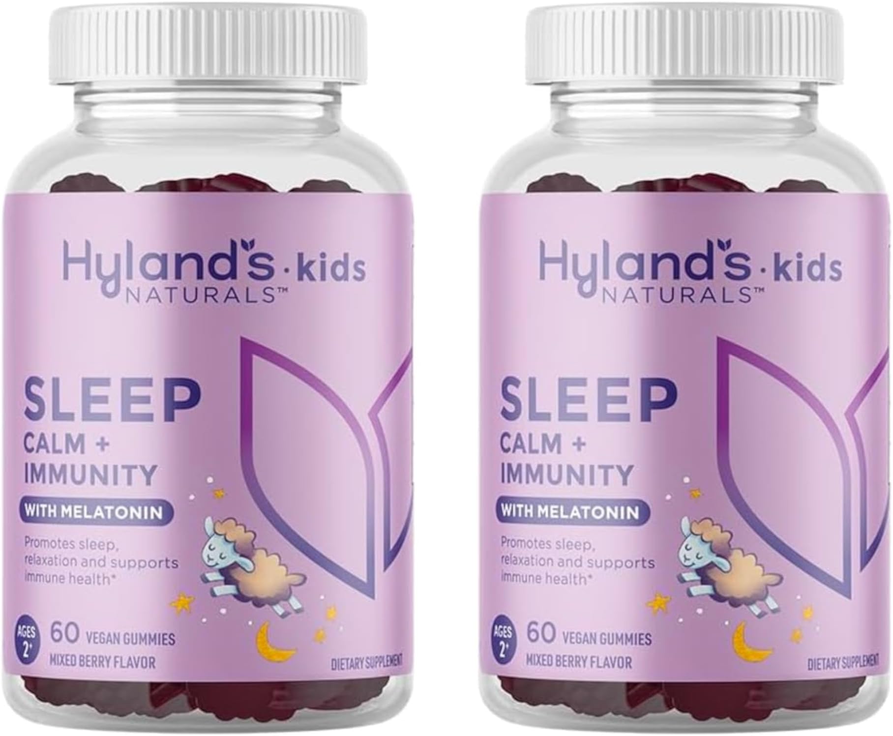 Hyland's Kids Sleep Aid, Calm and Immune Support, with Melatonin Sleep Aid Gummies, Helps with Sleeplessness and Restlessness, with Chamomile and Elderberry, 60 Vegan Gummies (Pack of 2)