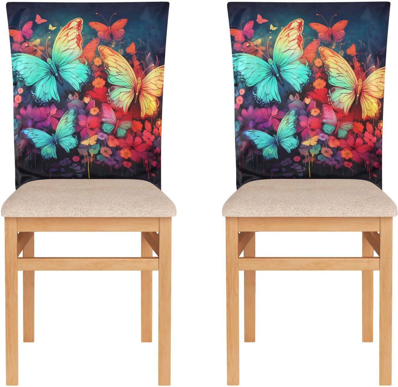 ALAZA Rainbow Color Butterfly Flowers Chair Back Cover Set of 6, Washable Reusable Removable Chair Slipcovers Decorative Chair Cover for Home Kitchen Wedding Party