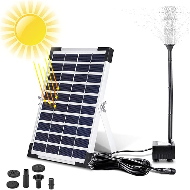 Solar Fountain Water Pump, 380L/H Floating Fountain Solar Pond Pump with 5W Solar Panel, 4 Nozzles, Water Pump for BirdBath, Water Cycling, Fish Pond, Garden Decoration, Multicolor