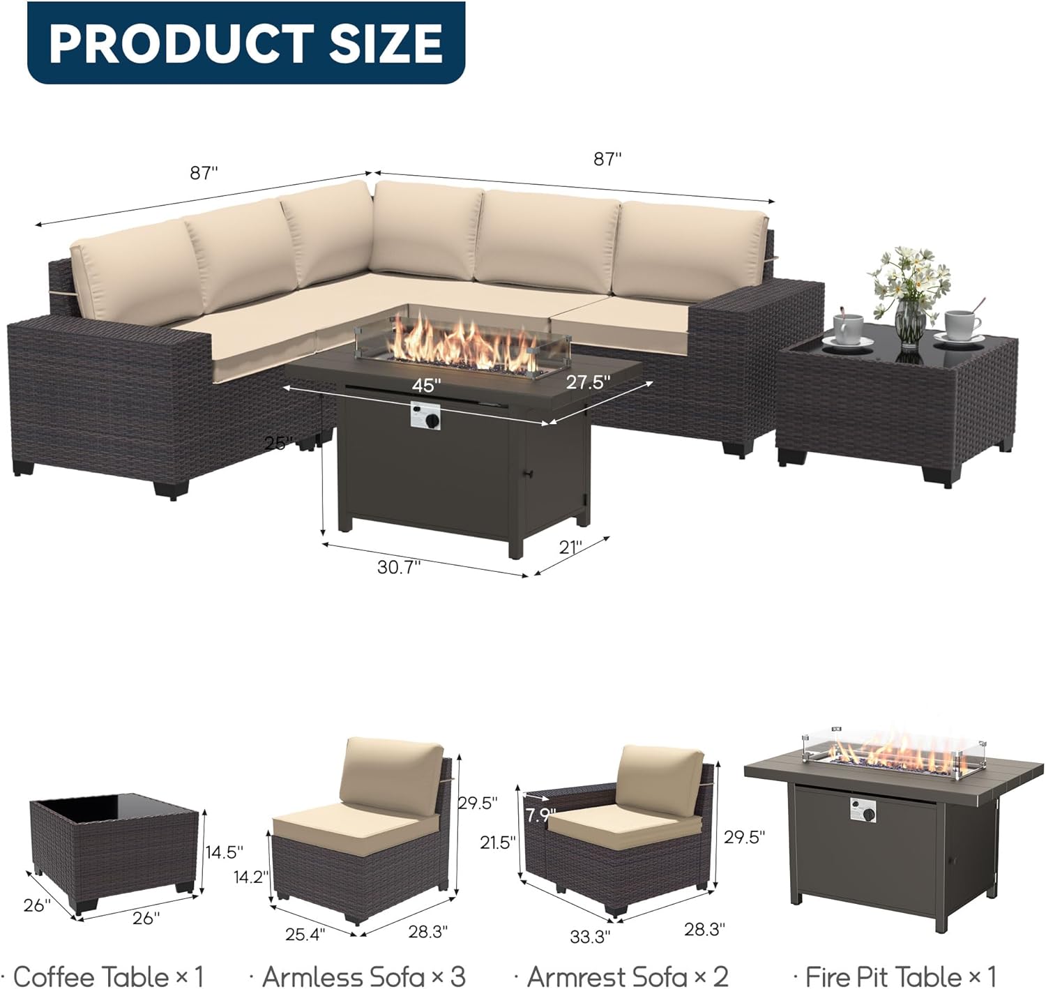Patio Furniture Set 7 Pieces Outdoor Furniture Patio Conversation Set w/43in Aluminum Gas Fire Pit,PE Rattan Wicker 7 Pcs Outdoor Sofa Set w/55000 BTU Propane Fire Pit Table,Sand