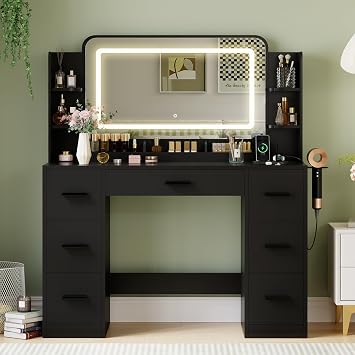 JUMMICO Makeup Vanity Desk with Large Mirror and LED Lights, Vanity with Power Strip and Hairdryer Holder, 6 Open Shelves and 7 Drawers Modern Dressing Table, for Bedroom (Black)