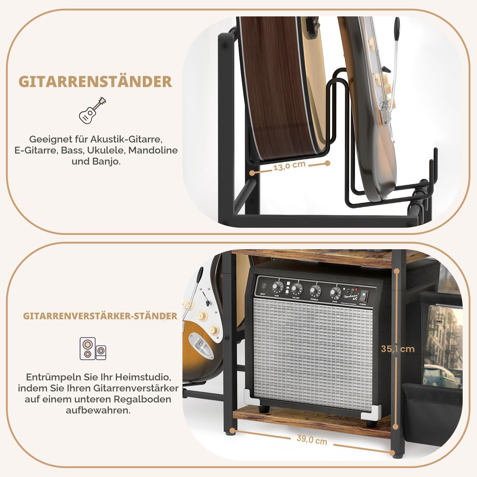 Bikoney Plattenspieler Ständer, Gitarrenständer für Akustik, E-Gitarre, Bass mit Verstärkerständer, 3-stufiger Schallplatten Aufbewahrung für bis zu 200 Alben, Plattenspieler-Tisch für Lautsprecher