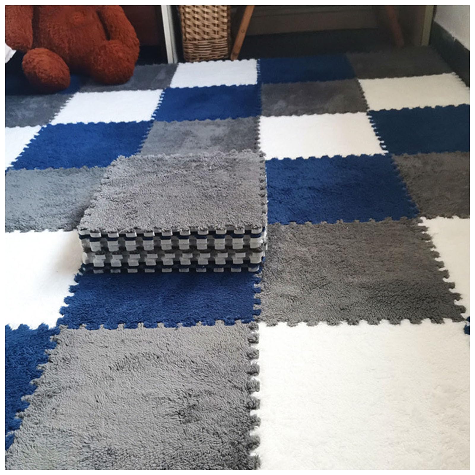 Dalles de sol emboîtables en mousse tapis puzzle bleu marine gris blanc 58 pcs