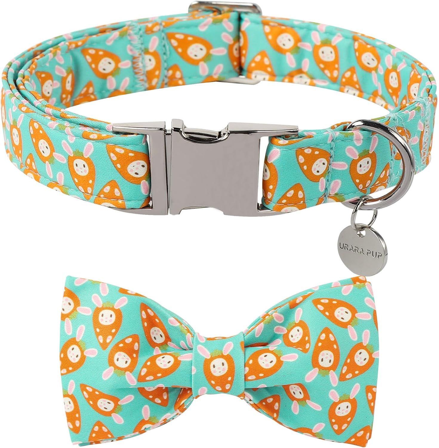 Easter Dog Collar with Bow Tie, Lovely Cotton Easter Carrot Adjustable Bowtie Collar for Girl Boy Dog, Adorable Carrots Puppy Collars with Metal Buckle, M, Neck 13.5-22in