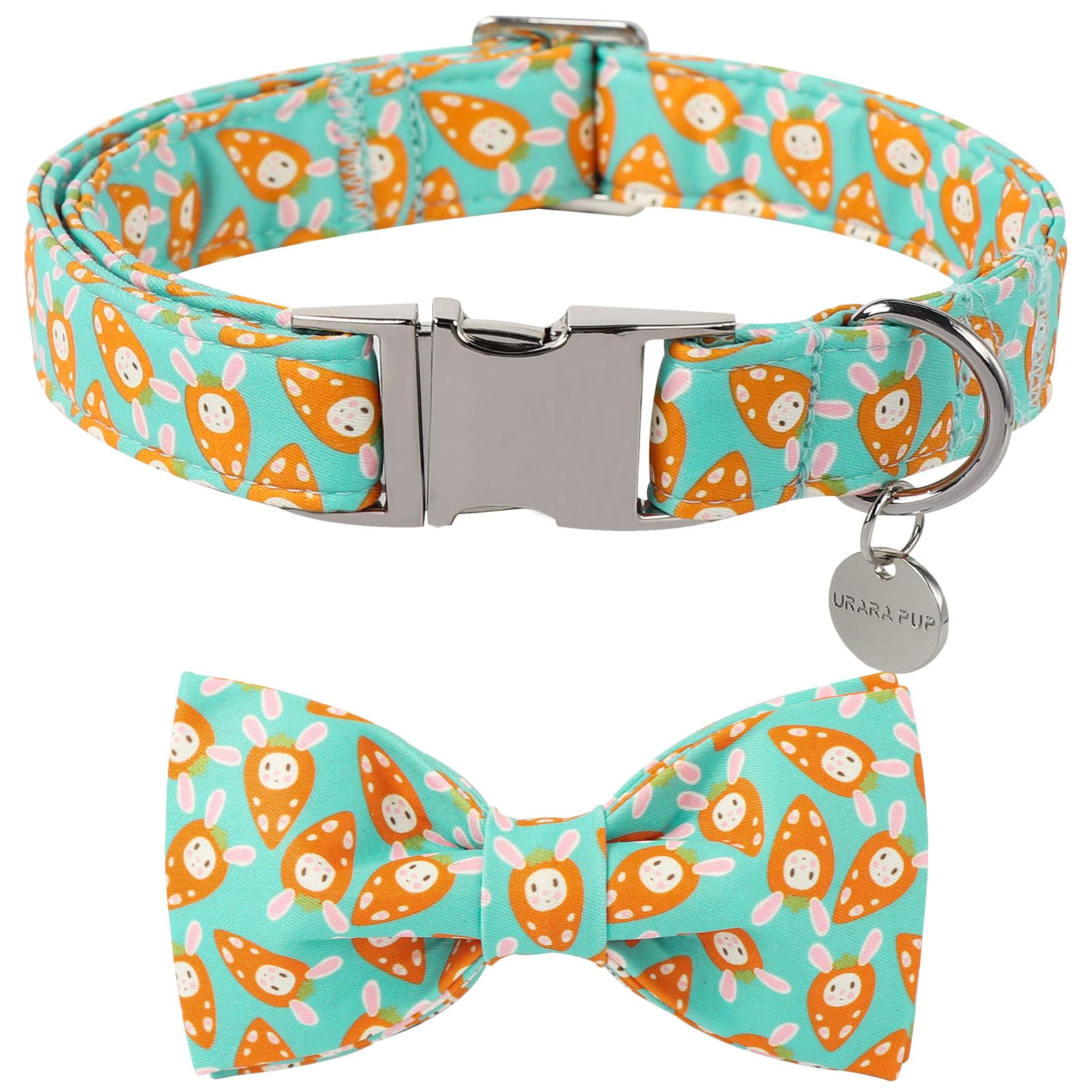 UP URARA PUP Easter Dog Collar with Bow Tie, Lovely Cotton Easter Carrot Adjustable Bowtie Collar for Girl Boy Dog, Adorable Carrots Puppy Collars with Metal Buckle, M, Neck 13.5-22in