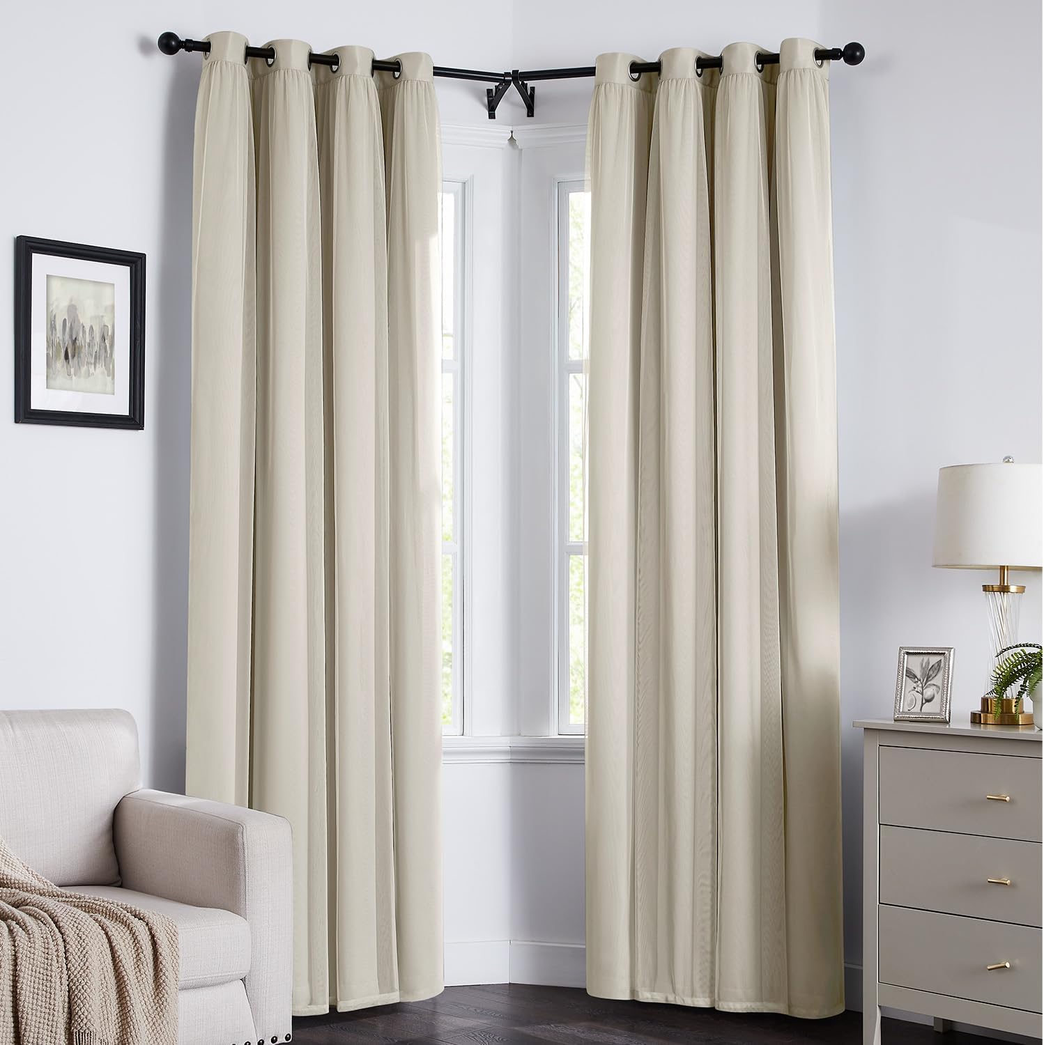 100% Blackout Curtains for Bedroom, Double Layer Ivory Curtains, Black Out Curtain 63 inch Long with Sheer Overlay for Living Room, Room Darkening Window Drapes with Grommet, 52" W x 63" L