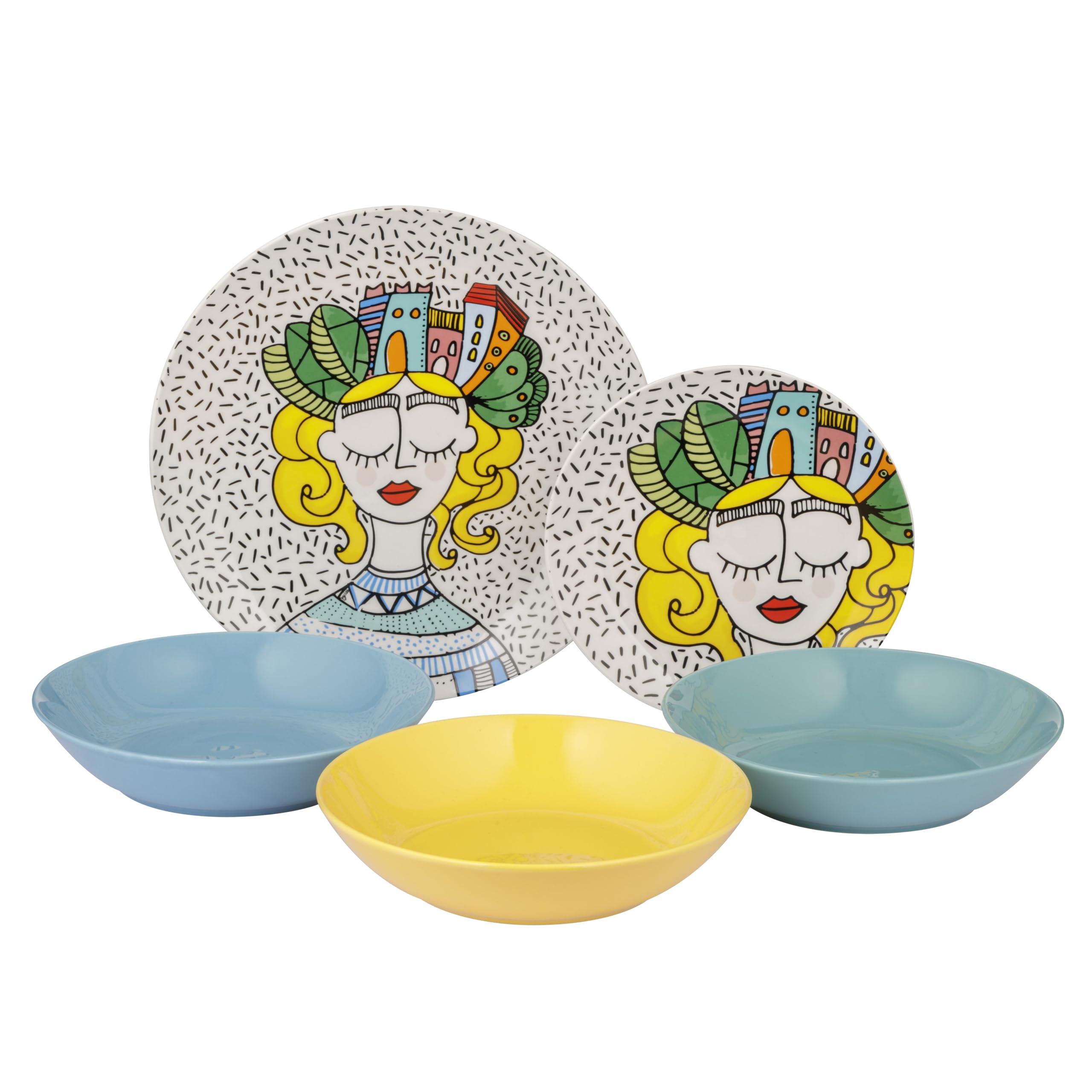 Baroni Home Juego de 18 Platos de porcelana y gres, Vajilla para 6 personas, Set Completo, Conjunto de Platos planos, hondos y platillos para postre (Fantasia City Girl)