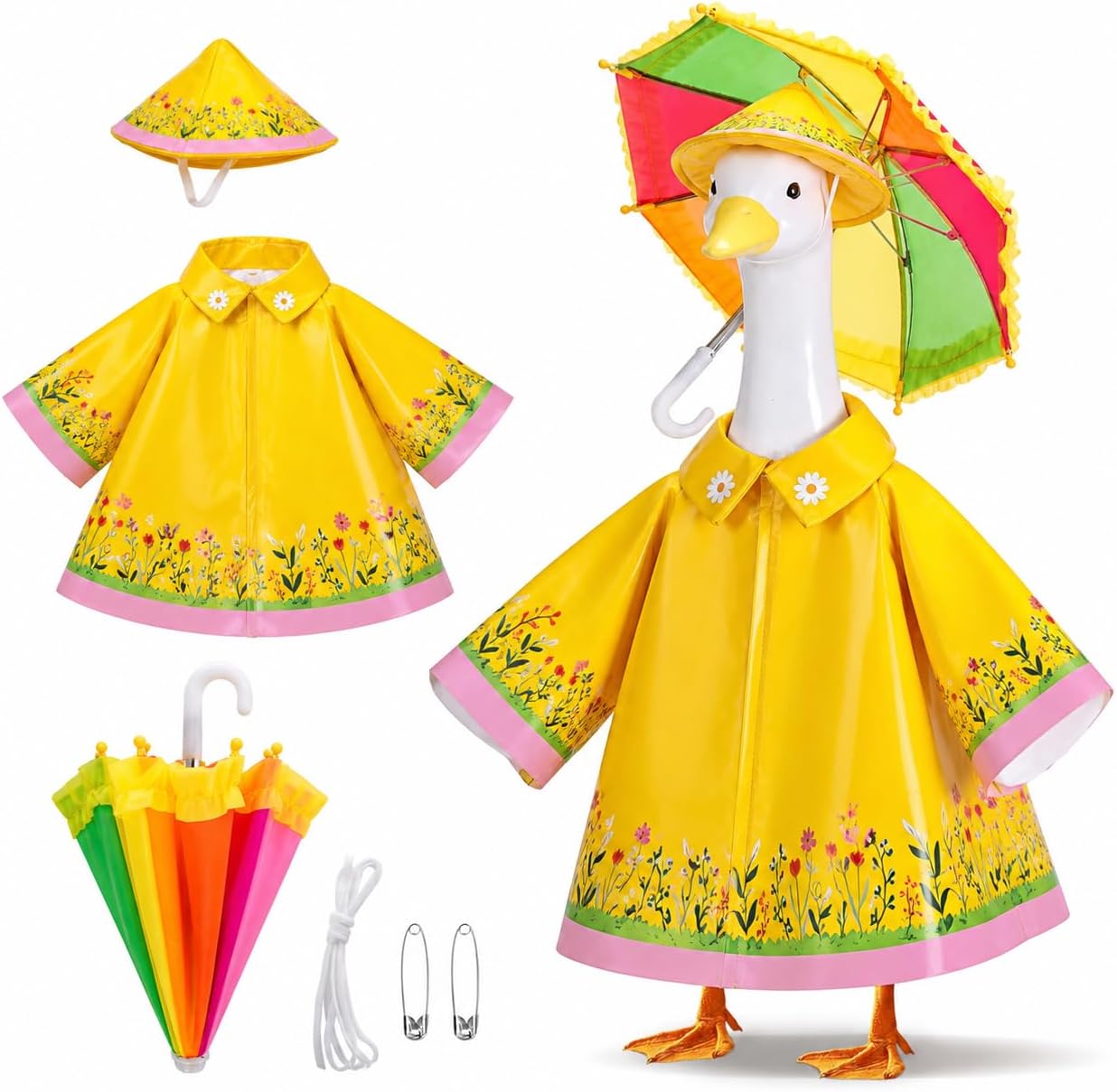 3 Pcs/Set Raincoat Porch Goose Outfits, Lawn Goose Statue Raincoat Costume, Yard Goose Clothes Raincoats Umbrella Hat Outfit for 23" Statue Patio Garden Decoration (Yellow)