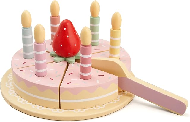 Hooga Birthday Cake Toy Pretend Toy Role Play Set for Children Cutting Toys With Removable Candles and Strawberry Decoration - Pink
