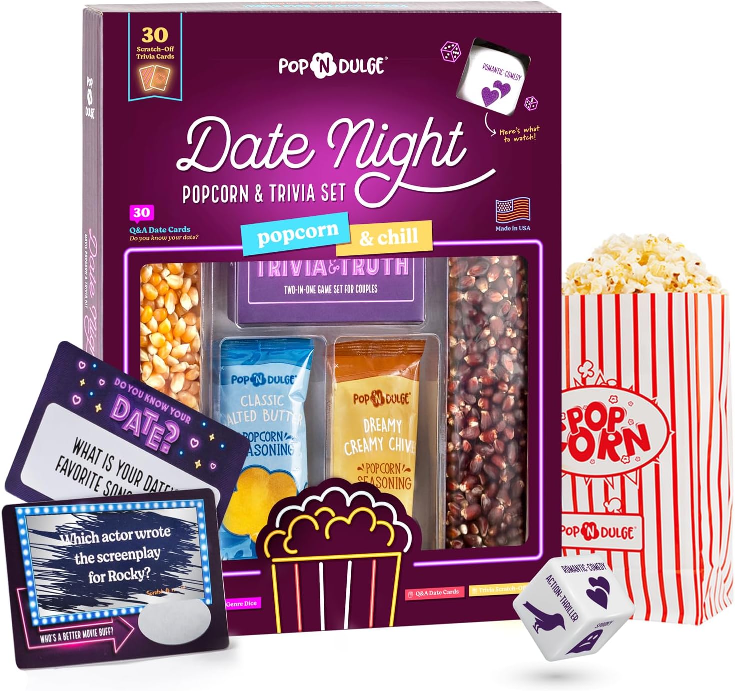 Couples Gift Set, Date Night Scratch Off Cards, Popcorn Gift Set & Movie Night Trivia Dice Game, Anniversary, Couples Gifts for Him and Her, 30 Cards, Gourmet Popcorn Kernels And Popcorn Seasoning Kit
