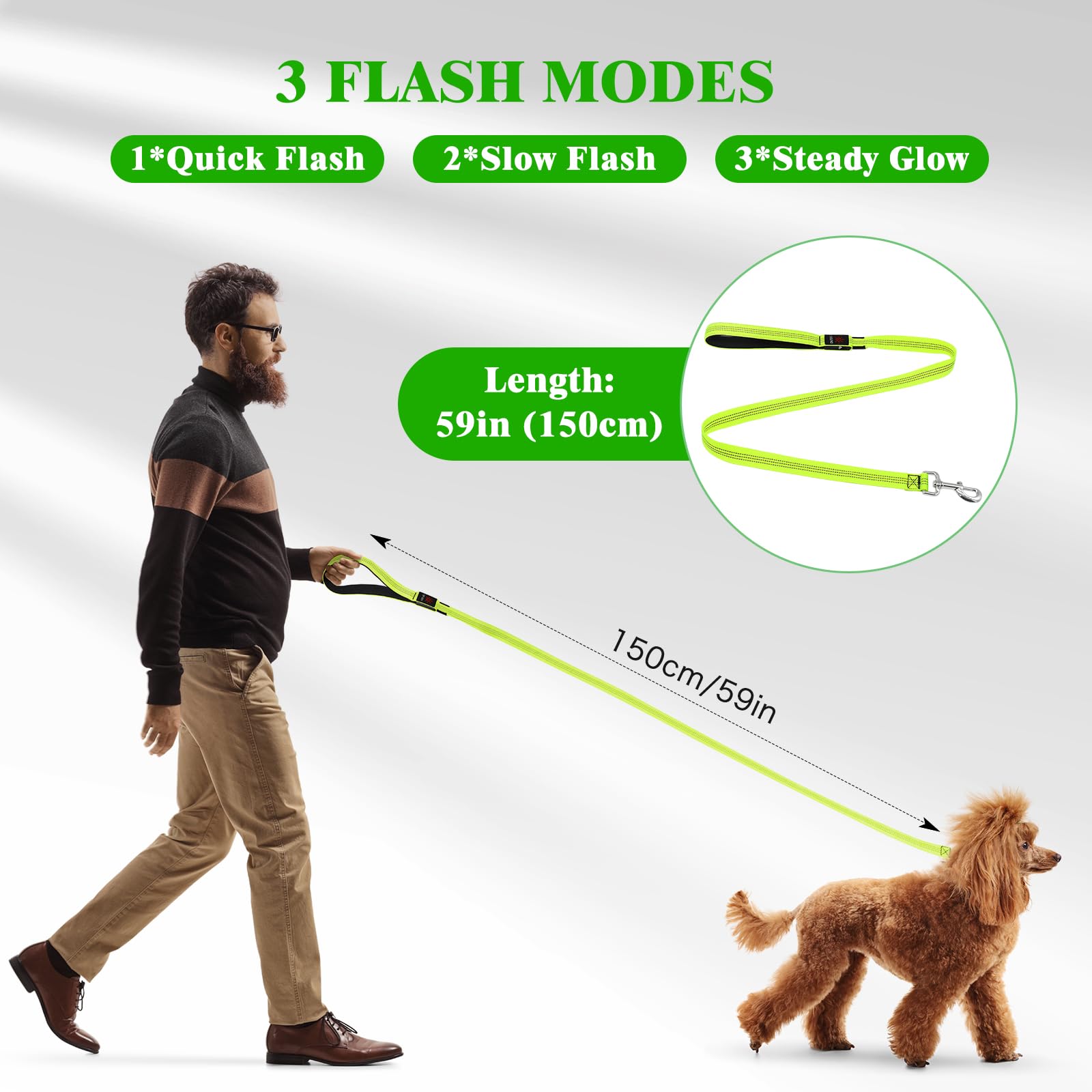 YFbrite 6FT Light Up Dog Leash - 15 Flashing Modes Rechargeable LED Leash For Small Medium Large Dogs, Super Bright 1000ft Visibility, Type-C Charging, Multi-Color