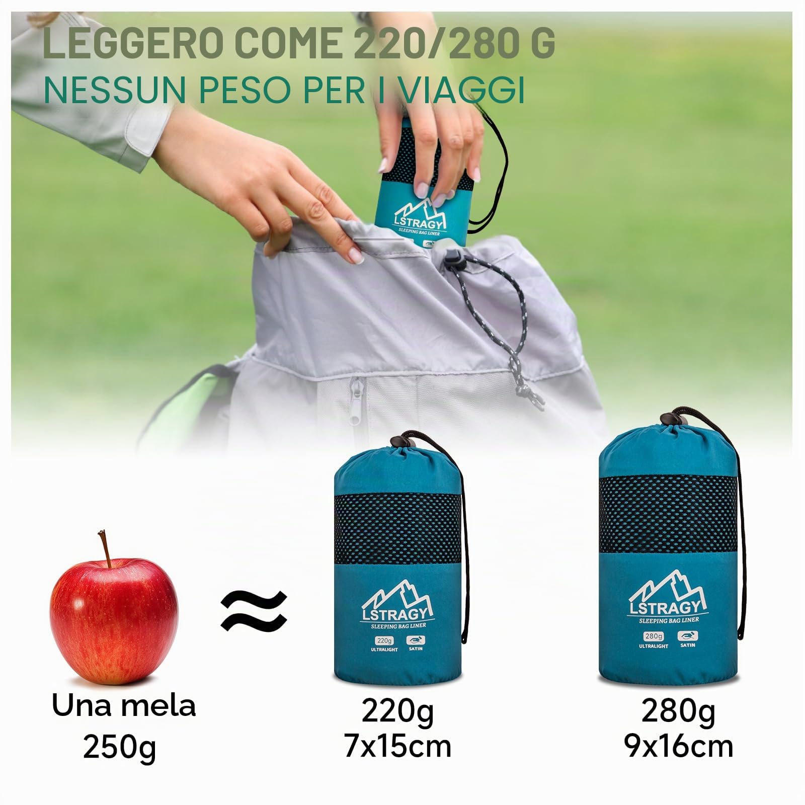 Sacco a pelo ultraleggero in raso, 220g/280g sacco a pelo estivo con fodera e cerniera a doppio cursore, sacchi a pelo da viaggio ideale per ostelli e backpacking, accessori per l'escursionismo