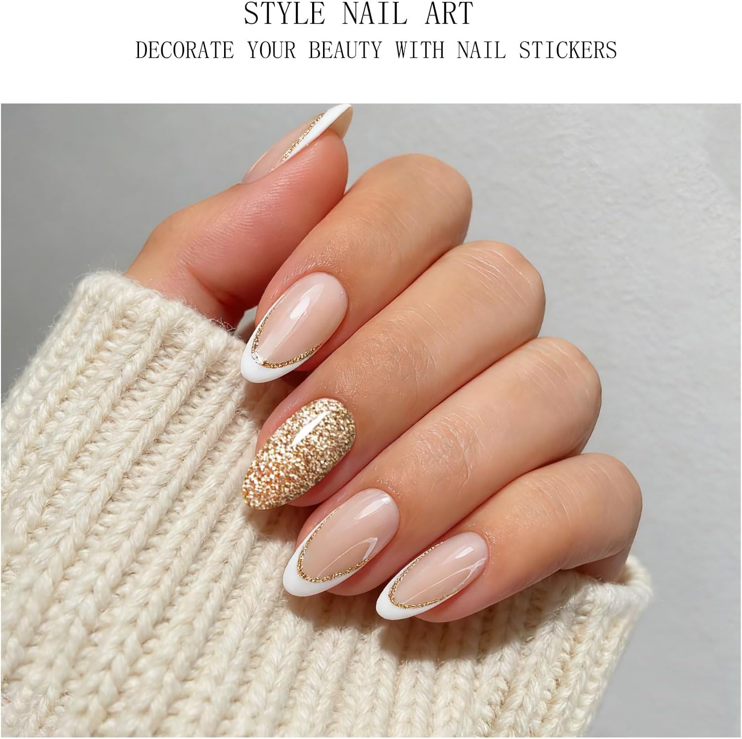 JMEOWIO Semi Cured Gel Nail Strips Glitter French Tip Gel Nail Stickers Wraps UV/LED Nails Art Design Decoration Accessories
