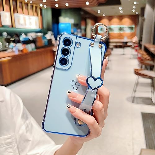 Vista 117 de ZTOFERA Funda para Samsung Galaxy S22 Plus 5G con correa para la muñeca, bonito borde chapado de lujo, patrón de corazones de amor para niñas y Azul
