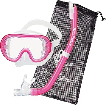 Reef Tourer Kids Snorkel Set Single Window Mask and Snorkeling Gear for Kids Semi-Dry Top, Wide View Single Window Mask w/Reusable Travel Mesh Bag Ages 4-9 for Snorkeling and Swimming, RC0203
