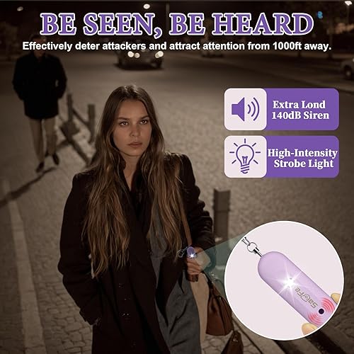 Miniatura 2 de Alarma de seguridad personal recargable para mujeres, llavero de alarma de seguridad de autodefensa de 140 dB con luz estroboscópica, dispositivos