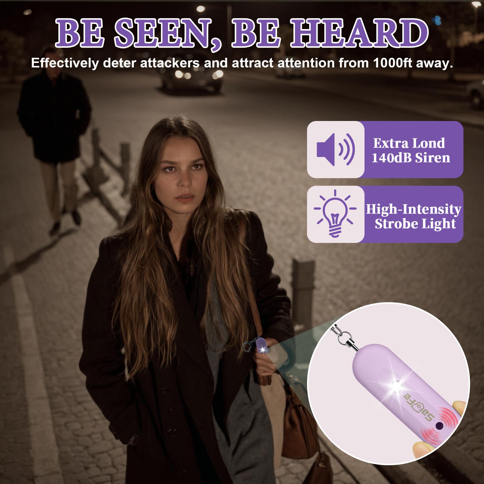 Allarme di sicurezza personale ricaricabile per donne, 140 dB, autodifesa, portachiavi con luce stroboscopica, dispositivi di allarme di sicurezza di emergenza per donne, ragazze, bambini, anziani