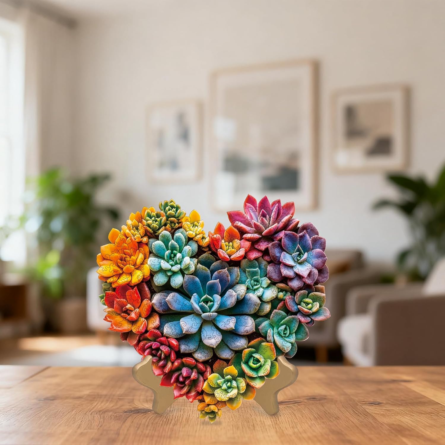 Ruikiyart Wooden Puzzles for Adults, 500 Pieces Succulent Heart Wood Jigsaw Puzzle, Plant Unique Shaped Challenge Puzzles Home Decoration (17.4"*17.1")