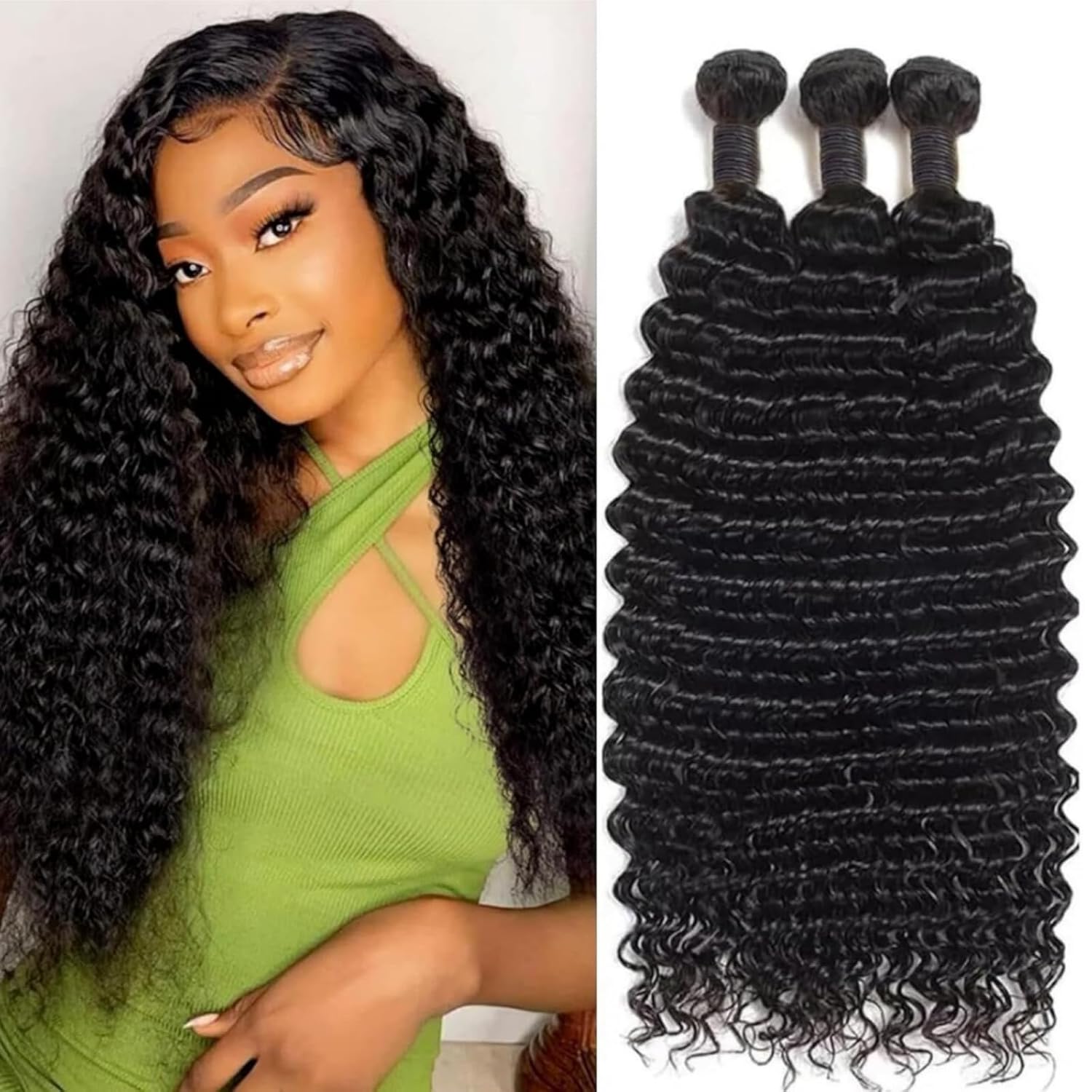 12A Deep Wave Human Hair Bundles 16 18 20 Inch 100% Unprocessed Deep Curly Bundles Human Hair Black Women Double Weft Wet and Wavy Hair Natural Color