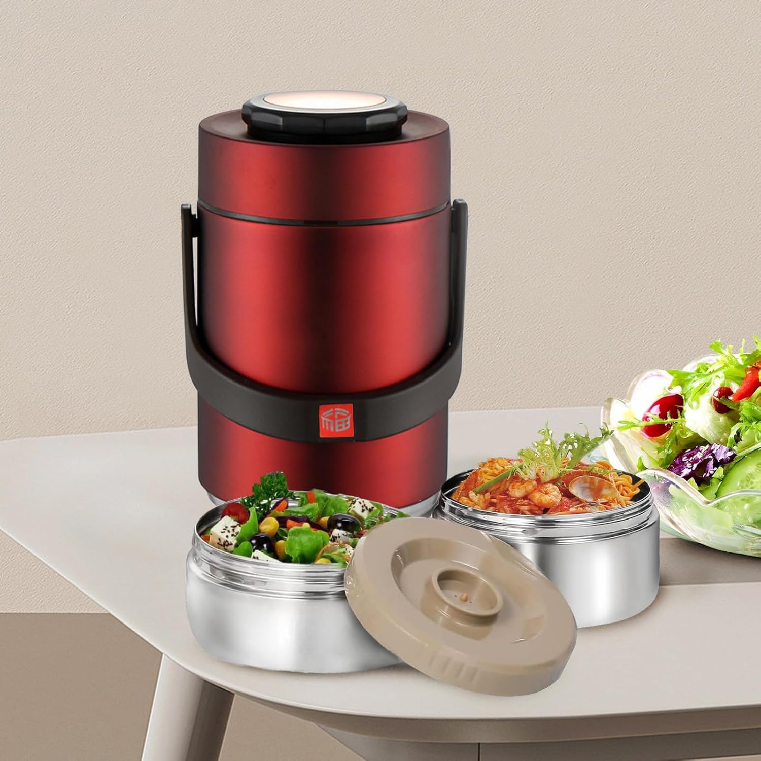 Insulated Food Jar,1.5L Stainless Steel Bento Lunch Box,2-Tier Stackable Food Thermal Jar,Insulated lunch Containers for Hot Food,Leakproof Portable Food Container for Office Picnic Travel(Red)