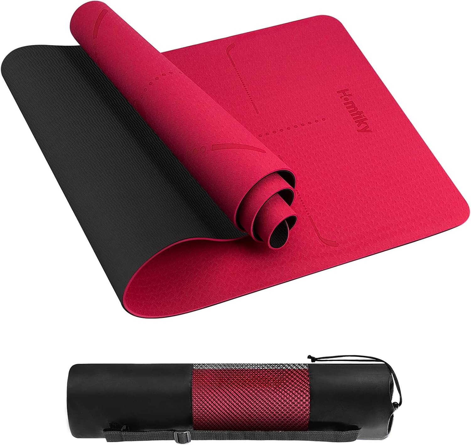 Yoga Mat Exercise Fitness Mat, Homtiky Non-Slip TPE Yoga Mat with Alignment Lines, 1/4 inch Eco Friendly Workout Mat with Carrying Strap for Yoga Pilates Exercises