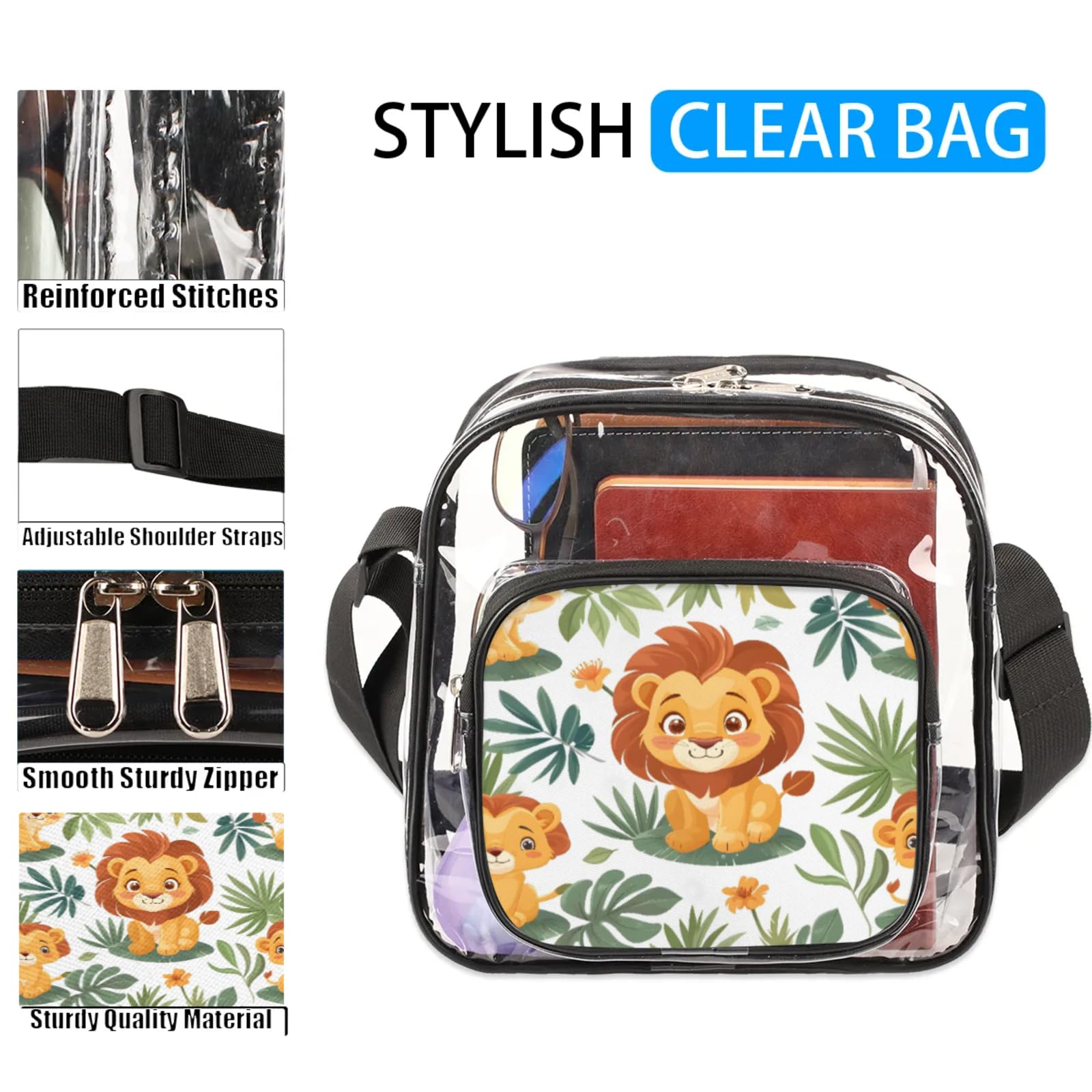 Clear Crossbody Bag Stadium Approved Animal Lions Transparent Bag for Festivals, Sports Events, Concerts,Beach Bag for Women Men Clear Purse with Front Pocket Messenger Bag with Adjustable Strap